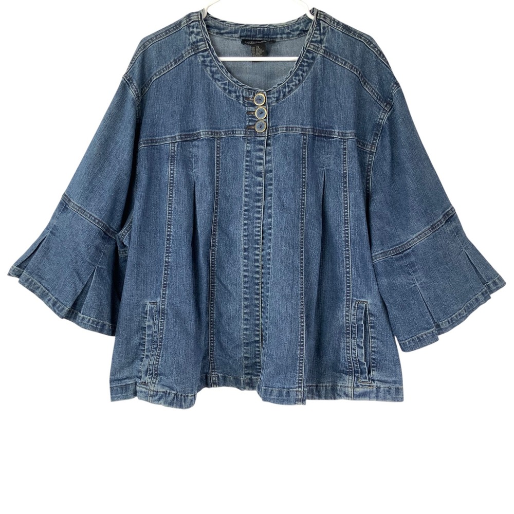 Just Blu Medium Wash Denim Swing Jacket 2X Button Round Neck 3/4 Bell Sleeve